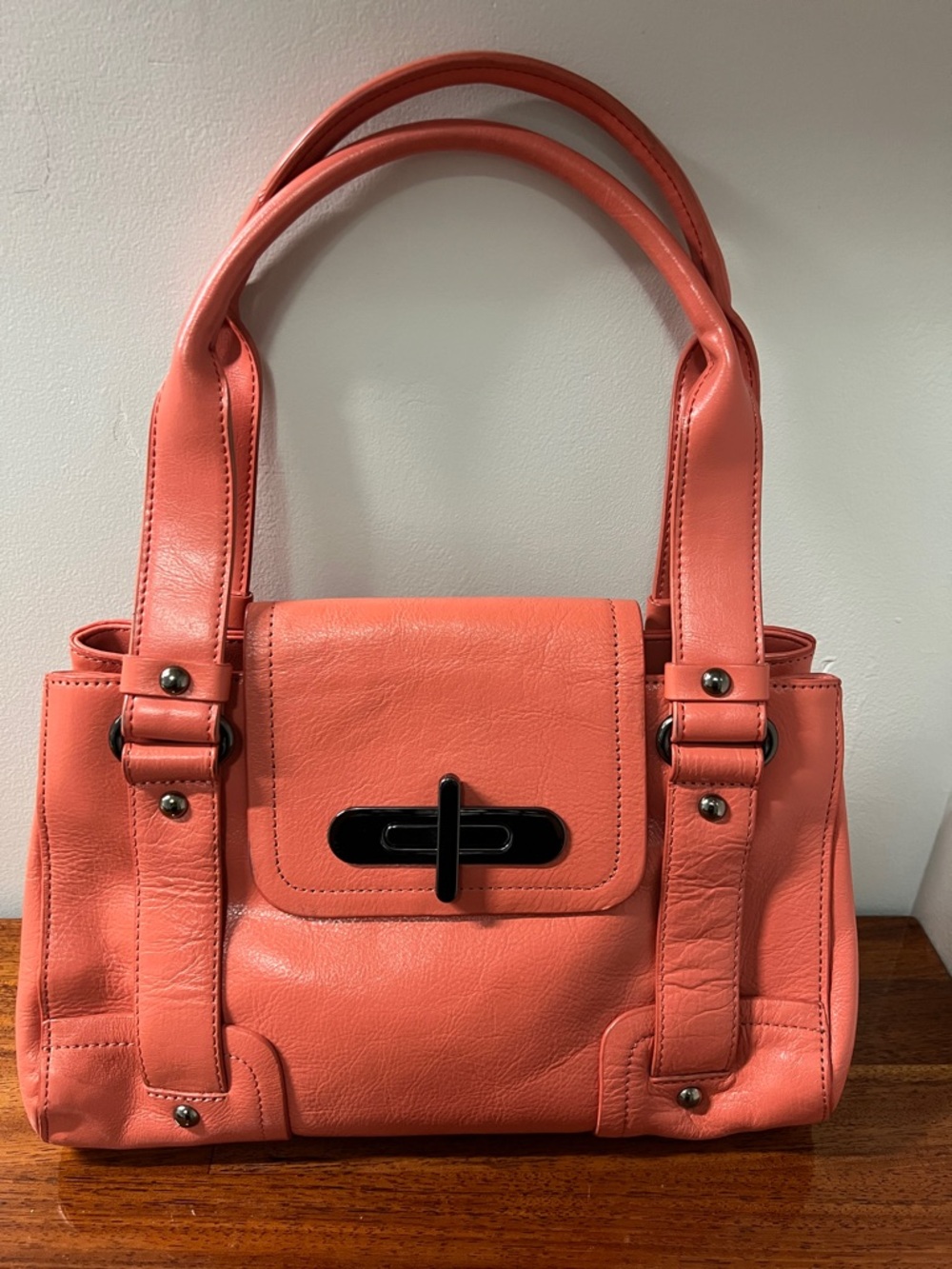 Women's Coral Leather Satchel Handbag